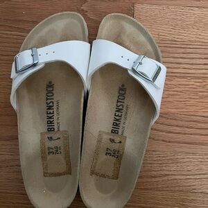 Birkenstock White Slides with Silver Buckle